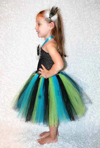 Stunning Peacock Tutu Dress and Matching Hair Clip Girls Peacock Feather Dress Halloween Photo Props Fancy Cosplay Clothing (1)