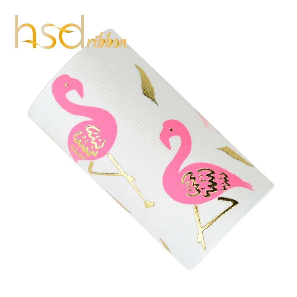 

HSDRibbon designer custom 75MM 3inch Flamingo two color ink with gold foil on Solid Grosgrain Ribbon 50 Yards/Roll