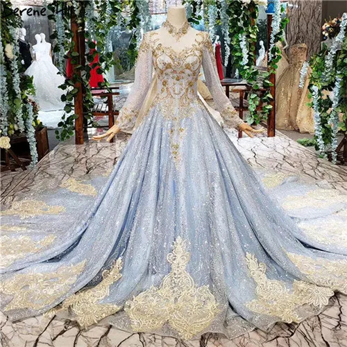 Синие Роскошные Блестящие Свадебные платья с высоким горлом, винтажные Свадебные платья с длинными рукавами и бисером, настоящая фотография на заказ - Цвет: blue