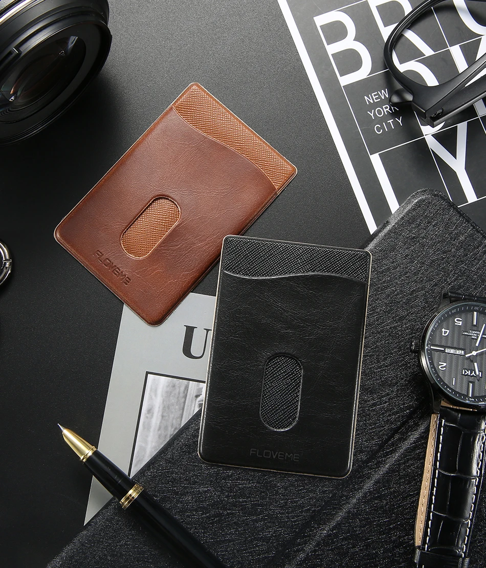 FLOVEME Luxury Cell Phone Card Holder Sticker Universal PU Leather 3M Adhesives Cash Credit ID Card Sticker Pocket Pouch (1)