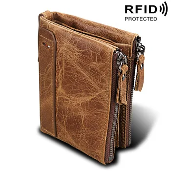 

Genuine Cow Leather Men Wallets Double Zipper Short Card Holder Male Wallet Fashion Top Quality Simple Brand Men Purse