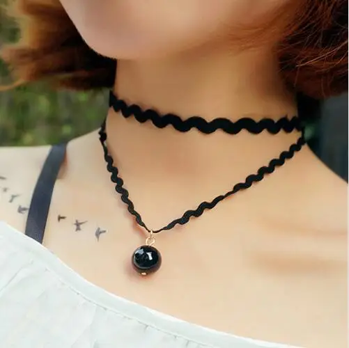 Женское колье чокер с подвеской из черной кожи белые стразы кристаллами|women choker