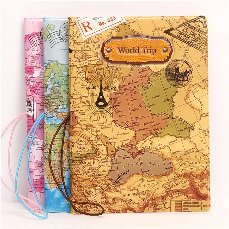 14*9.6cm New Faux Leather World Map 3D Design Passport Holders with