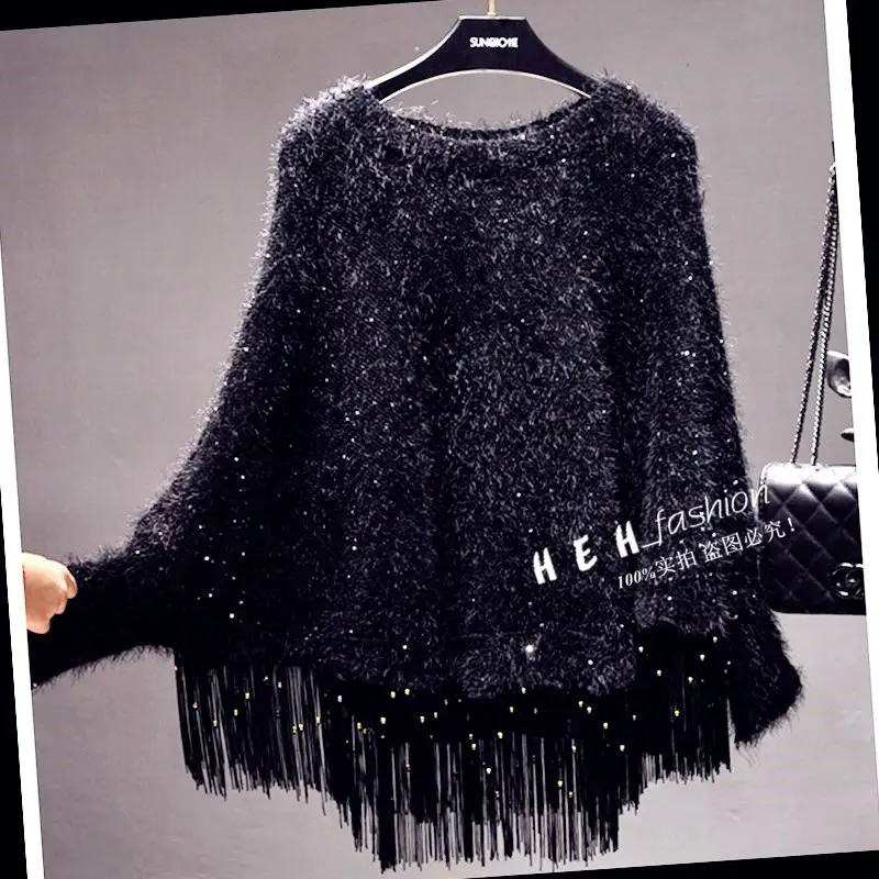 

Cakucool Poncho Cape Women Knit Sequined Pullover Batwing Long Sleeve Sweaters Loose Tassels Bling Jumpers Sweater Capes Female