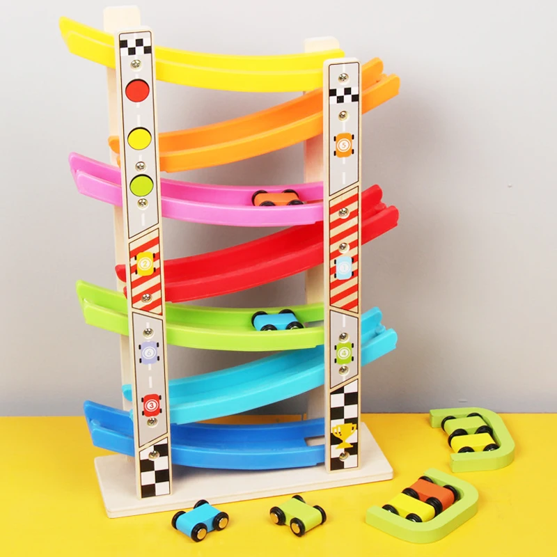 

Wooden 7-Layer Ramp Race Track & 8 Mini Inertia Car Sliding Toy Vehicle &Train Baby Toddler Motor Skill Developmental Kids Gift