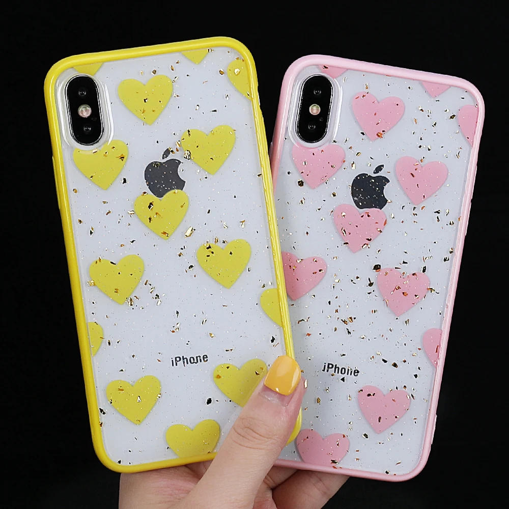 

LOVECOM Gold Powder Candy Color Heart Cases For iPhone XS Max XR X XS 6 6S 7 8 Plus Full Body Soft Epoxy Phone Back Cover Gift