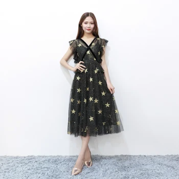 

Starry Midi Bridesmaid Dress Female V-neck Black Colour Slim Dress Fashion Lady Wedding Party Dress