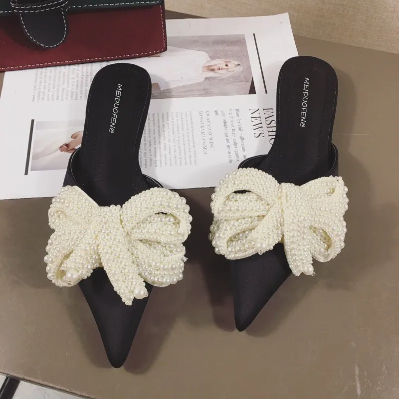 

Slippers Women Sandals Pearl Bow Pointed Toe Flat Spring Summer Flat With Lazy Cool Ladies beach Shoes mules shoes women 2019