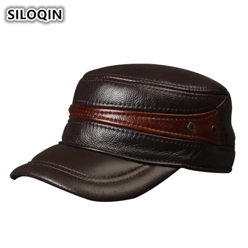 

SILOQIN Winter Men's Genuine Leather Hat With Ears Cowhide Leather Warm Baseball Caps For Men Adjustable Size Brands Flat Cap