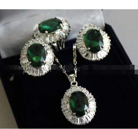 

14K GP Inlay Beryl Earrings /Ring / Necklace Pendant Set 18" ^18K GP style Fine jewe Noble Natural jade FREE SHIPPING