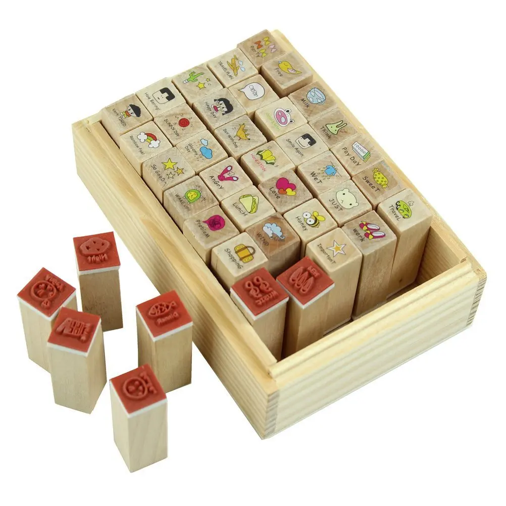 

SDFC 40pcs/set Happy Life Diary Girl Cute Cartoon Mounted Rubber Stamp Wooden Box