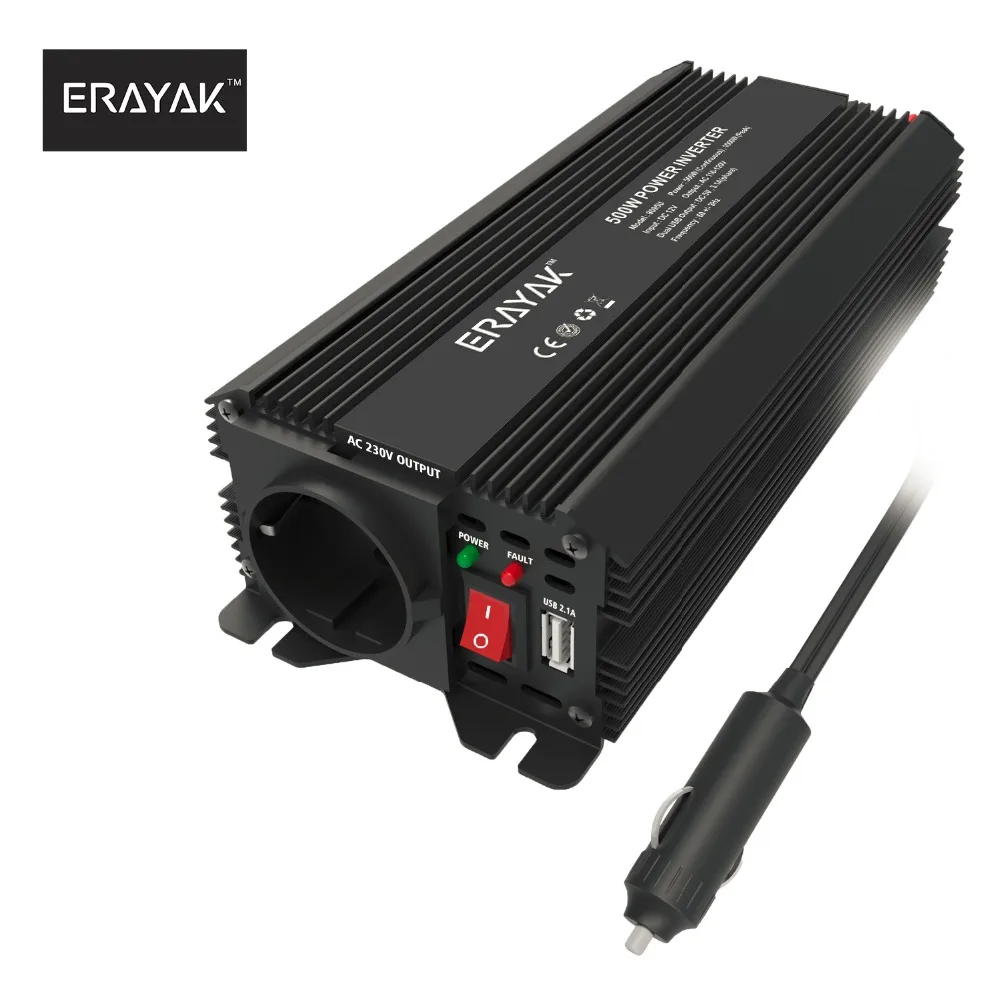 ERAYAK 500W Car Power Inverter DC 12V to AC 220V/230V Auto Converter USB Ports and EU Socket