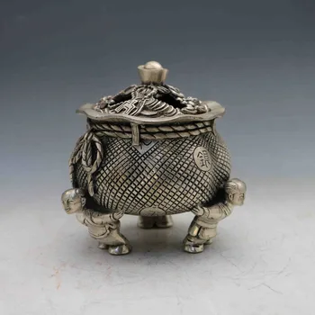 

Chinese Miao Silver Hand-carved Cornucopia Incense Burner & Lid