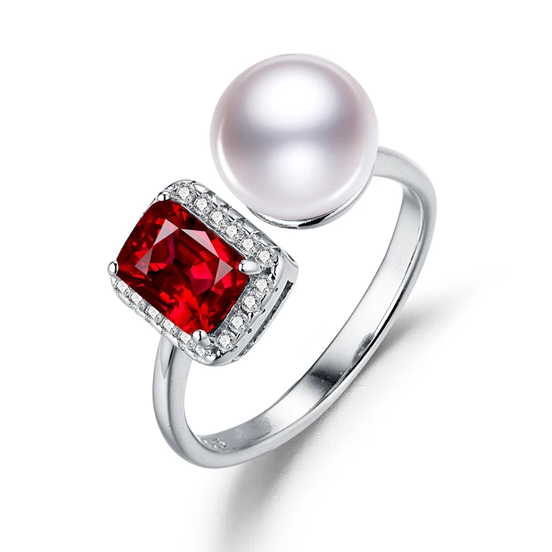 

SNH new 8.5-9mm near round AAA 925 sterling silver genuine cultured pearl ring with ruby free shipping