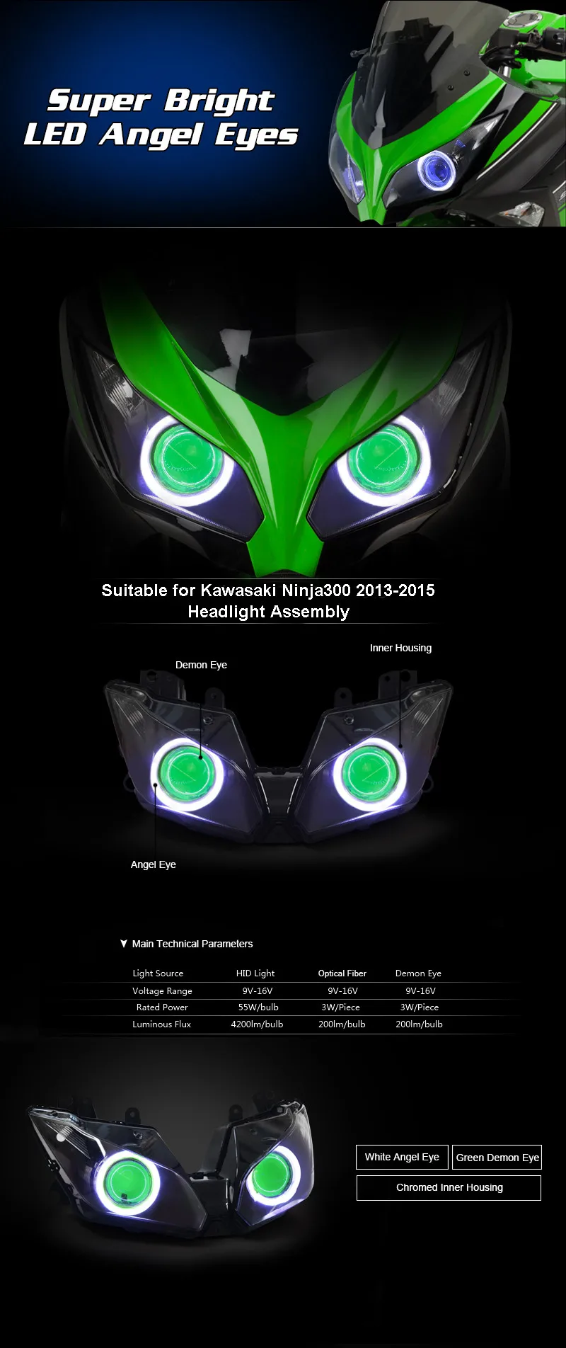 Kt мотоциклов полностью фара для Kawasaki ниндзя 300 13- 15 2013 зеленый демон глаза проектор светильники