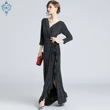 Ameision fashion Women's 3/4 Sleeve Long Evening Dress Pleated Ruffle Slit V-neck vintage Maxi Party Gown Black Elegance Ameision fashion Women's 3/4 Sleeve Long Evening Dress Pleated Ruffle Slit V-neck vintage Maxi Party Gown Black Elegance