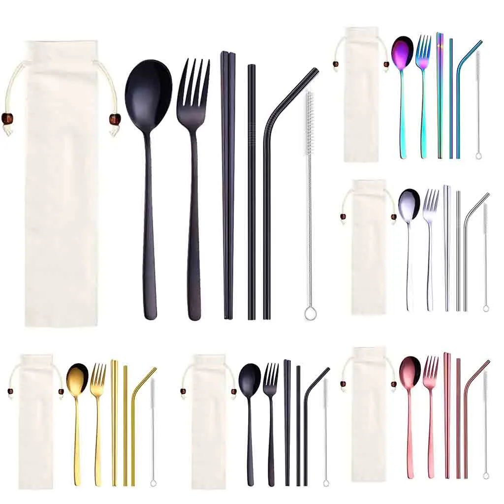

High Quality Stainless Steel Dinnerware Set Metal Straw Spoon Fork Chopsticks Tableware 6 Pcs home decoration accessories gadget