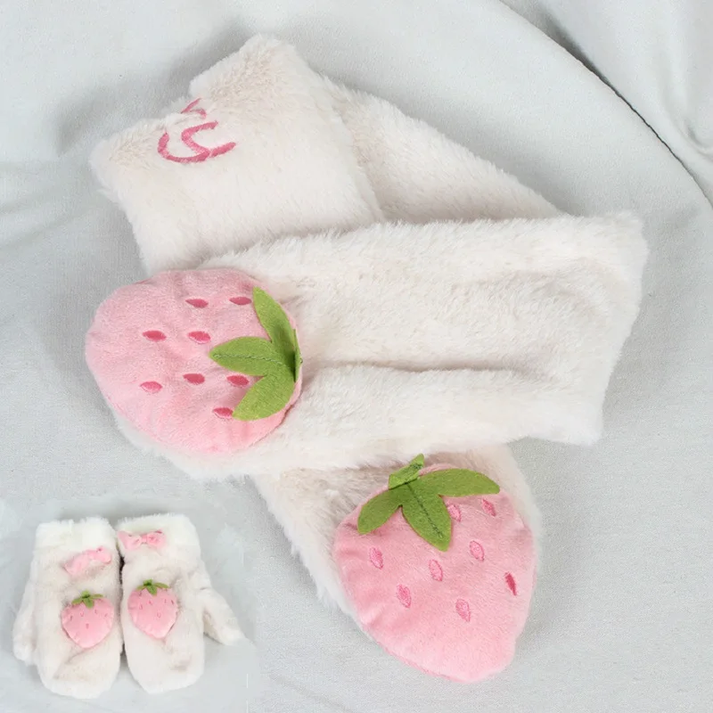 Милый зимний шарф в японском стиле Harajuku Kawaii мягкий меховой воротник Клубника с