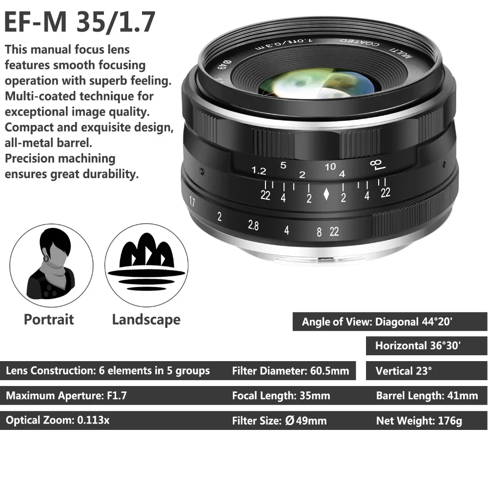 Объектив Neewer 35 мм F/1,7 с большой апертурой APS-C с ручной фокусировкой для Canon EF-M беззеркальных камер EOS M M2 M3 M5 M6 с креплением на EOS-M