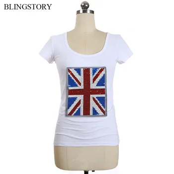 

BLINGSTORY England Embroidery Sequin Sew-on Woman Clothing Summer Tops White Cotton T Shirt s-6XL