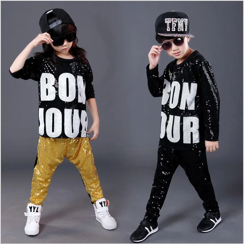 Free shipping child Male Female Sequined Hip Hop hip-hop DS Jazz Dance Costumes clothes Paillette T shirt  Leotard Harem Pants