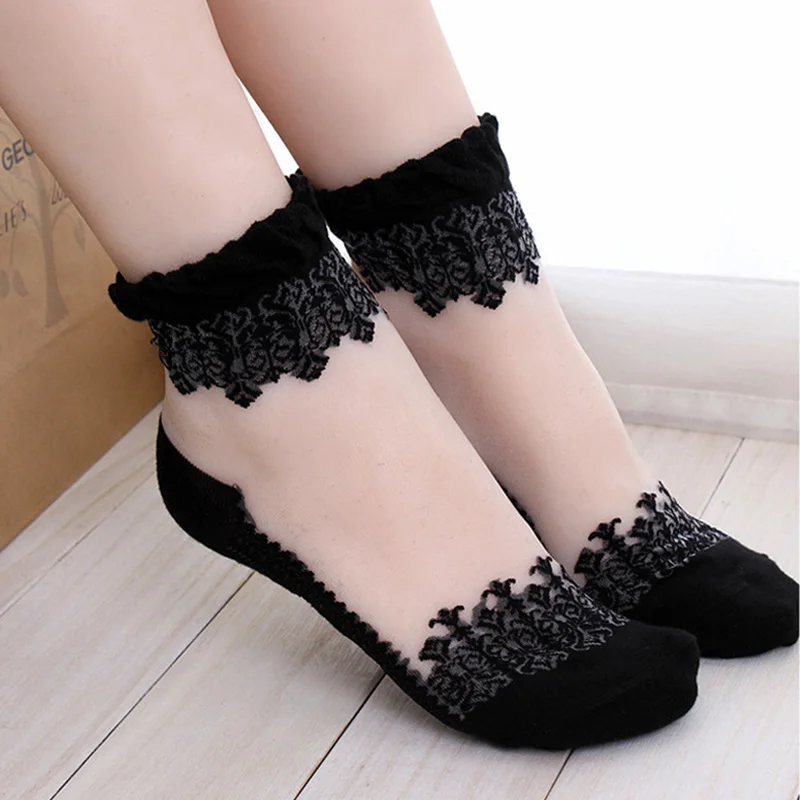 

1 pair Transparent Stockings Crystal Lace Elastic Short Female Stockings Beautiful Calcetines Stocking for Womens meias