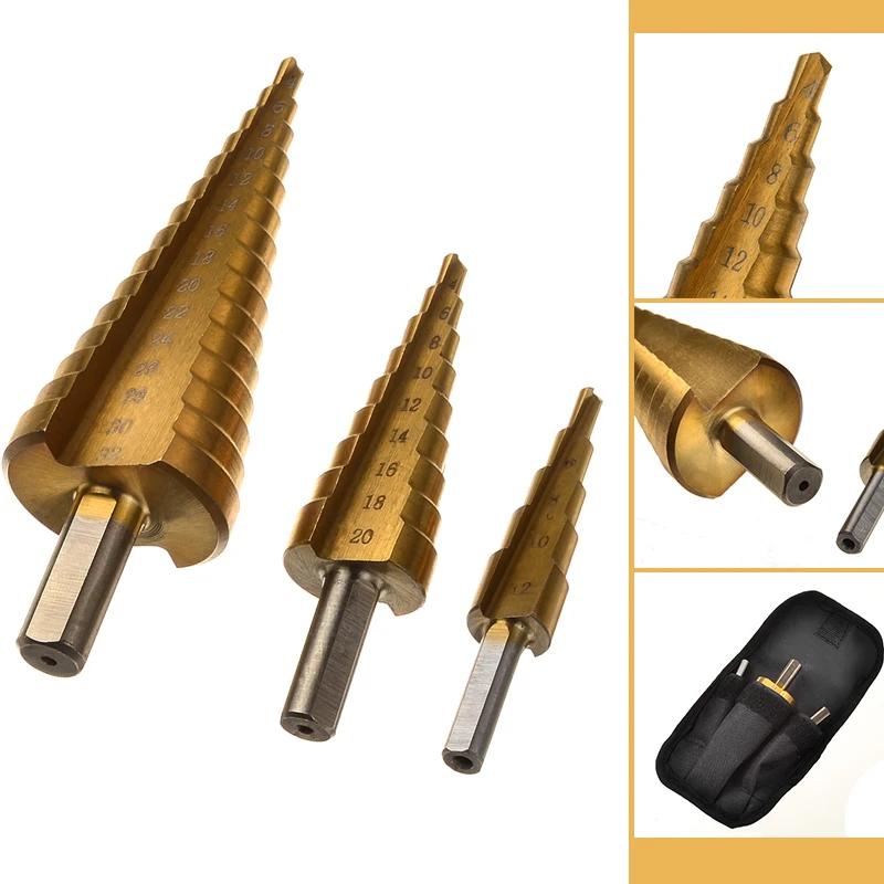 

3pcs HSS Hole Cutter 4-12/4-20/4-32mm Core Cone Step Drill Bit Triangular Shank Titanium Coated Cutting Tool Set with Nylon Bag