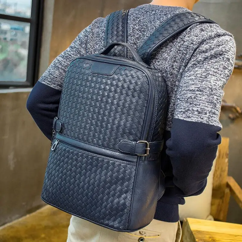 

Braided Brand New Men PU Leather Backpack Business England Euro Shoulder Bag Knitting Casual College Travel Trend Luxury Daypack