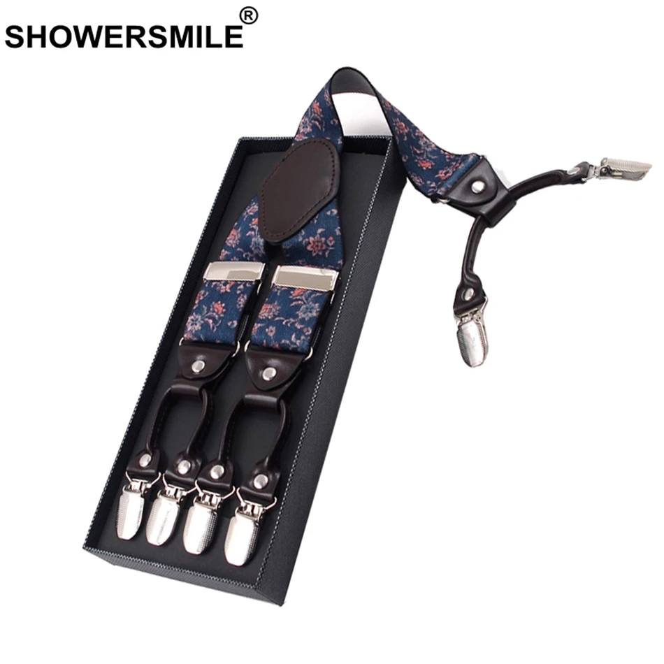 SHOWERSMILE в цветочек на подтяжках мужские дизайнерские 3,5 см роскошные мужские подтяжки 6 клипсов высокого качества Регулируемые Мужские штаны на спине