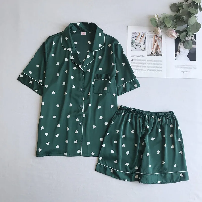 

Print Love Green Women Satin 2PCS Shirt&shorts Sleepwear Pajamas Casul Daily Pijamas Suit Turn-down Neck Home Clothes Sleep Set