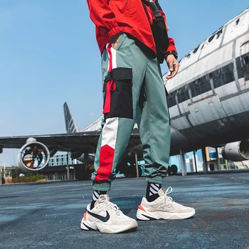 

Cargo Pants Men Polyeste Patchwork Jogging Trousers Spring Autumn Black Green Many Pockets Ankle Elastic Casual Pants Men A907