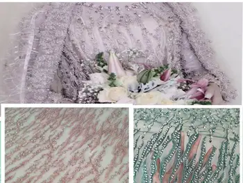 

Pink megenta green handmade beads lace fabric for party dress luxury beaded sequins tulle lace 2019 lace fabric