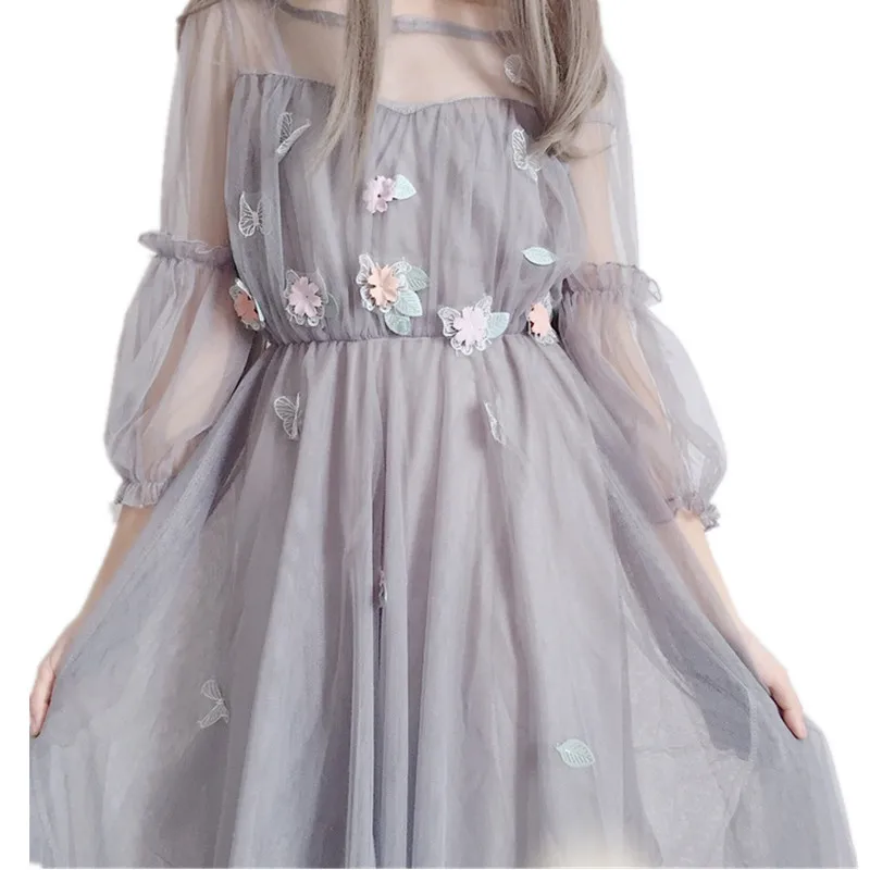 

B2859 2019 new summer women's Korean version student sling lantern sleeve net gauze two pieces long style dress cheap wholesale