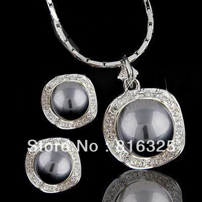 

Fast shipping +Austrian Crystals fashion white dark pearl necklace&earring set (A0516) -Bride jewelry free shipping
