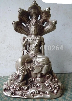 

12" China Tibet silver carved 5 cobra Kwan-yin Buddha Sculpture Statue