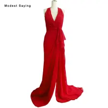 Sexy Backless Mermaid Halter Pleated Evening Dresses 2018 with High Split Formal Women Chiffon Party Prom Gowns vestido de festa