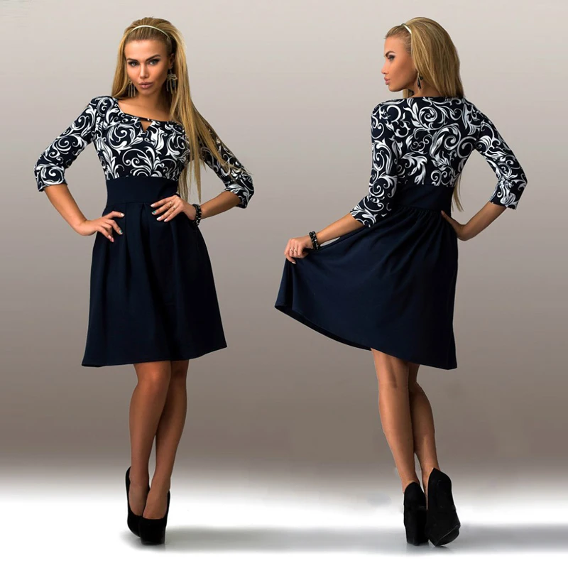 New-2017-Women-Summer-Casual-Dress-Half-Sleeve-Print-Office-Shirt-Dresses-square-collar-Work-Wear (1)