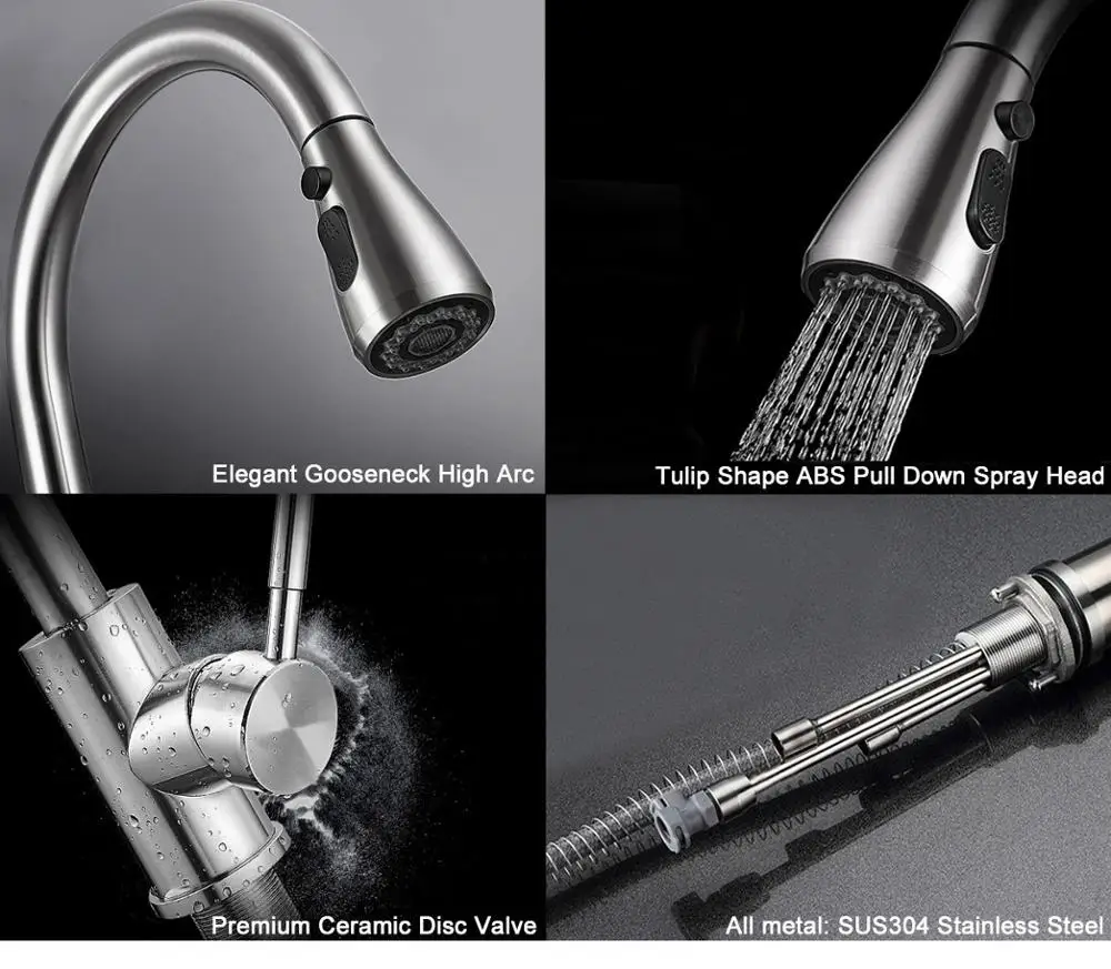 MOIIO Kitchen Faucets with Pull Down Sprayer Stainless Steel Brushed Nickel, Hot & Cold Water Kitchen Sink Faucet with Nozzle MOIIO Kitchen Faucets with Pull Down Sprayer Stainless Steel Brushed Nickel, Hot & Cold Water Kitchen Sink Faucet with Nozzle