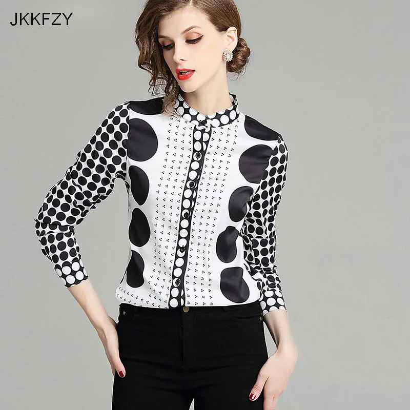 JKKFZY Women Autumn Runway Stand Collar Shirt Fashion New White Black Point Print Long Sleeves OL Shirt Female Party Top JKKFZY Women Autumn Runway Stand Collar Shirt Fashion New White Black Point Print Long Sleeves OL Shirt Female Party Top