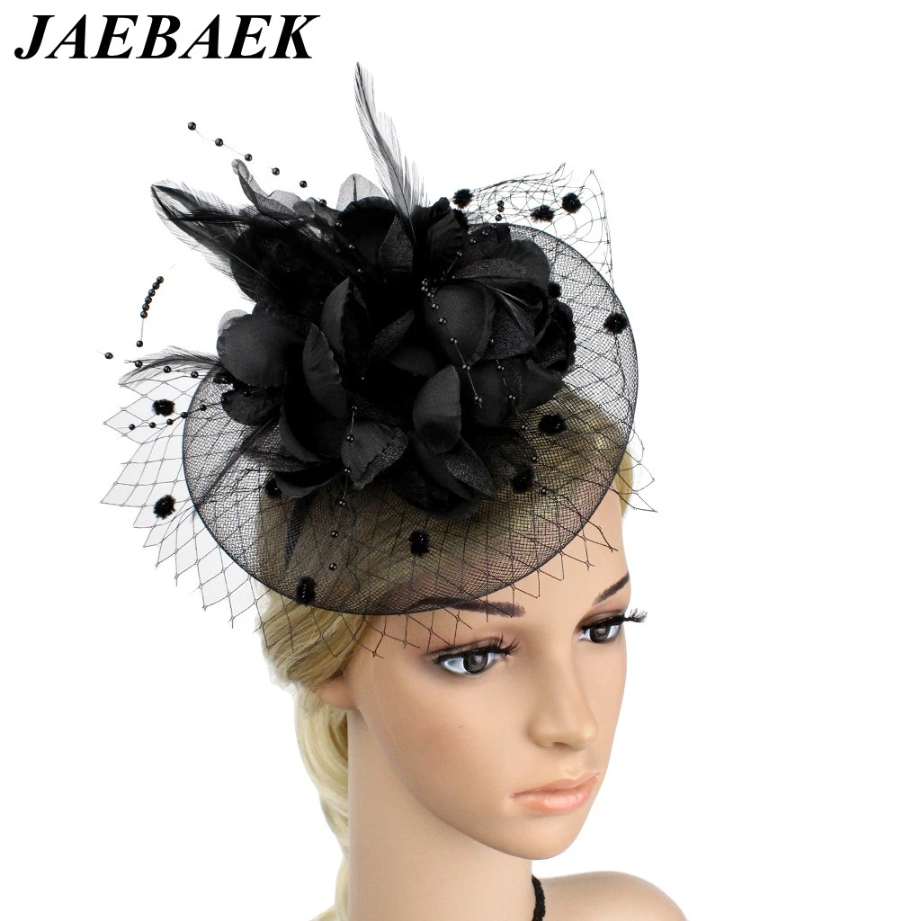 Netting Feathers Big Flower Headband Party Girls Women Fascinator Headwear Cocktail Hat Head Decoration Black 