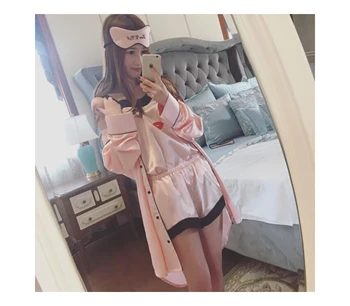 

Silk Satin Robe Pajama Set Nightgown Nightdress Sleepwear bathrobe pijama feminino Women ladies with eyeblind