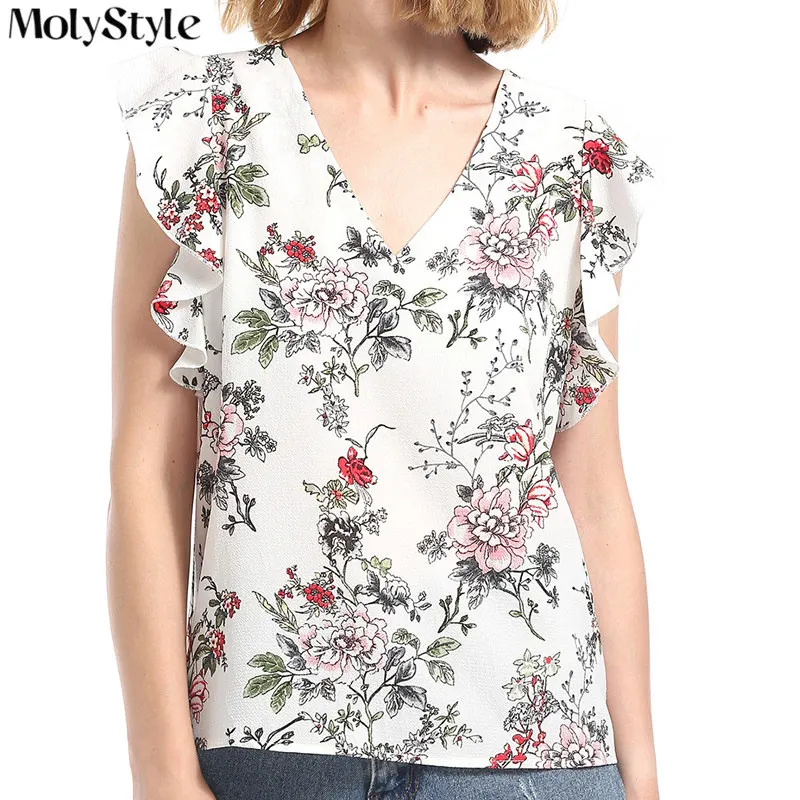 MolyStyle новые летние цветочные печати рюшами шифоновые рубашки Для женщин 2018