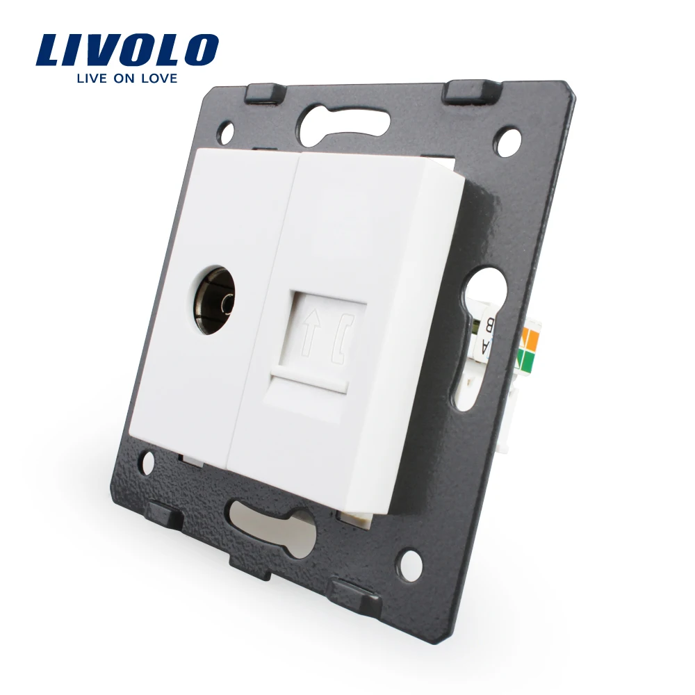 Производство Livolo, белый кристалл стекло панель, 2 банды стены ТВ и тел Socket/Outlet VL-C7-1VT-11, без переходник