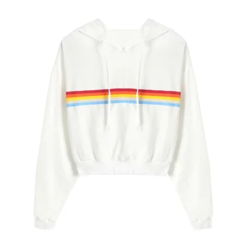 

Women Autumn Winter Plus Size Loose Long-sleeved Short Rainbow Ribbon Hoodie Sweatshirt Sweet Tops