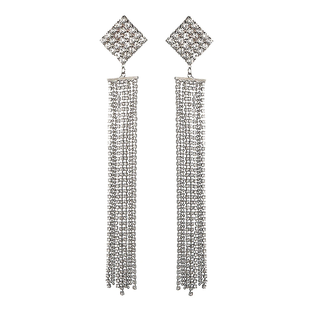 Очень длинные серьги для женщин, модные хрустальные серьги-Люстры, блестящие серебряные серьги с бахромой, ювелирные изделия