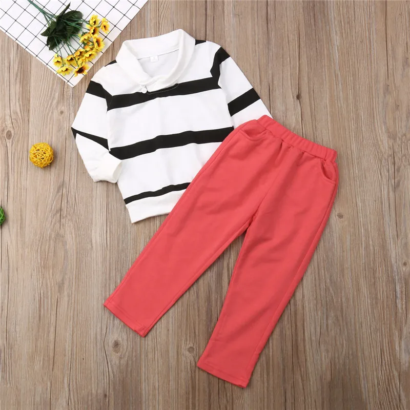 

Toddler Kids Boys clothes turn-down collar Button striped pullover Long Sleeve T-Shirts solid pocket Pants 2pc autumn Outfits