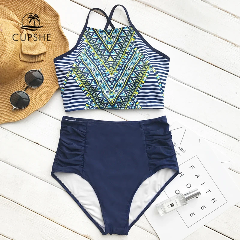 Online CUPSHE Riddle Story Drucken Tank Bikini Set Frauen High taille Lace Up Zwei Stücke Badeanzug 2020 Neue Strand Bade anzug Bademode