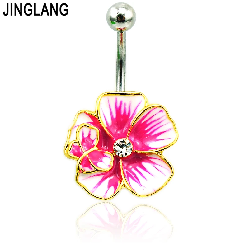 

JINGLANG New Belly Button Rings Stainless Steel Barbells Red Enamel Gold Color Flower Navel Piercing For Women Jewelry
