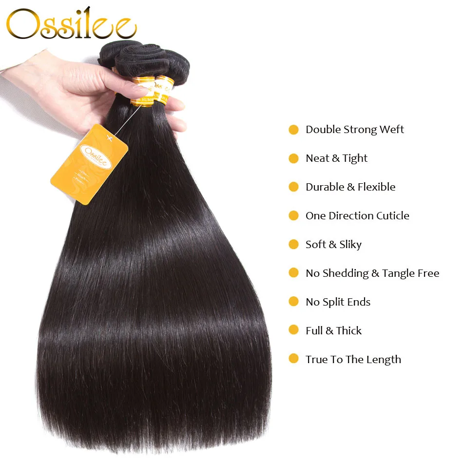 Ossilee Brazilian Straight Hair Bundles with Closure Weaves Human Hair 3 Bundles with Closure Remy Hair Bundles with Closure
