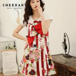 Cheerart Спагетти ремень японский красный в полоску платье с цветочным рисунком летние дизайнерские большой бант Цветок мини 2019 одежда